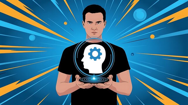 Man holding futuristic digital interface with gear.