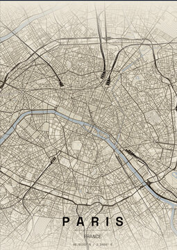 Paris City Map Poster &ndash; Vintage Beige Street Map Print, France