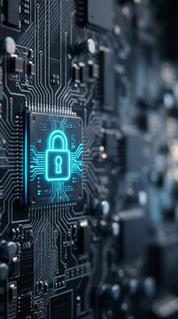 Glowing blue padlock icon integrated into a high tech computer circuit board for digital security