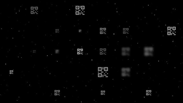 Template animation of evenly spaced qr code symbols of different sizes and opacity. Animation of transparency and size. Seamless looped 4k animation on black background with stars