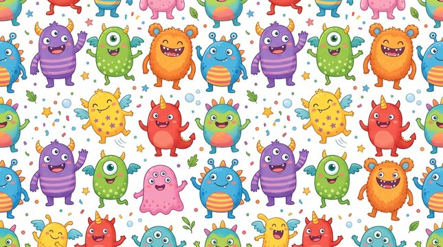 Colorful monster pattern with stars and bubbles on a white background