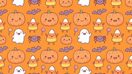 Fototapeta premium Halloween themed pattern featuring pumpkins autumnal candycorn