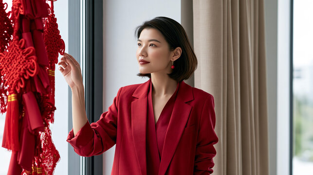 Asian woman in red blazer standing near window, admiring traditional red decorations, with soft natural light illuminating her features and a neutral background