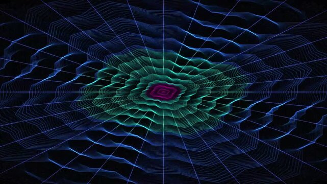 Abstract digital tunnel animation with glowing neon lines in blue, green, and pink creating a futuristic cyberspace grid and motion perspective effect