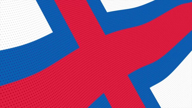 Flag of the Faroe Islands waving slowly in the foreground and moving upwards.