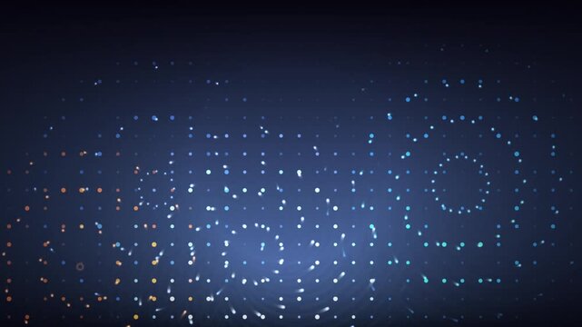 Abstract digital background showing glowing particles forming circular patterns on a deep blue surface.