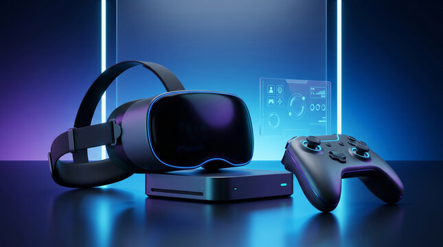 Immersive metaverse experience concept featuring virtual reality headset and gamepad controller with glowing digital holographic dashboard