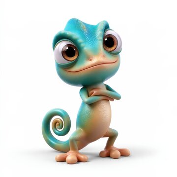 Animated Lizard Character with a Smirk Standing on One Leg with a Spiral Tail in a White Background