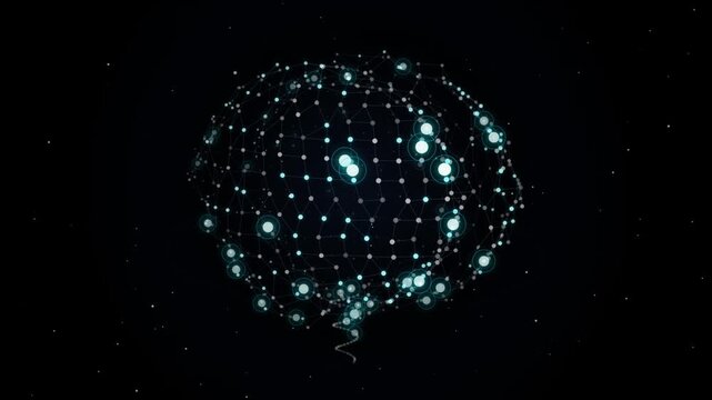 Digital representation of a human brain formed by a network of glowing nodes and connecting lines in dark space