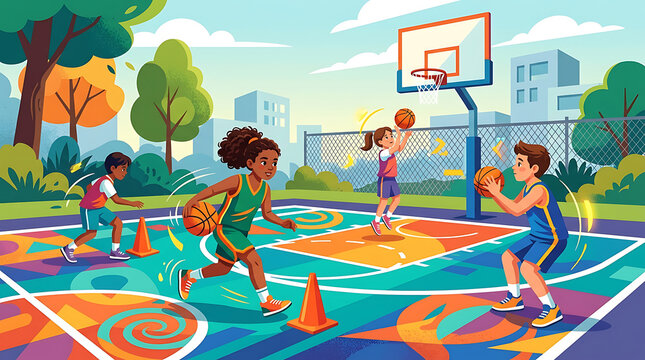 Diverse children playing basketball on a colorful outdoor court in a park setting.