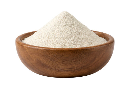 Fine white powder heaped in a rustic wooden bowl