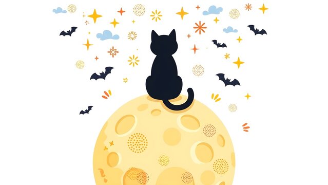 Alegria style Halloween vector illustration of a sleek faceless black cat seen from behind sitting atop a large moon gazing at stars and stylized little bats isolated on a white background.