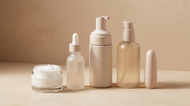 Set of various skincare bottles and cream jars for beauty routine on a soft beige background surface. beauty bundle deals