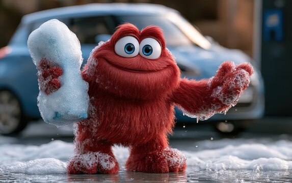 Playful Red M&M Character with Snowball in Hand Standing in Snowy Street