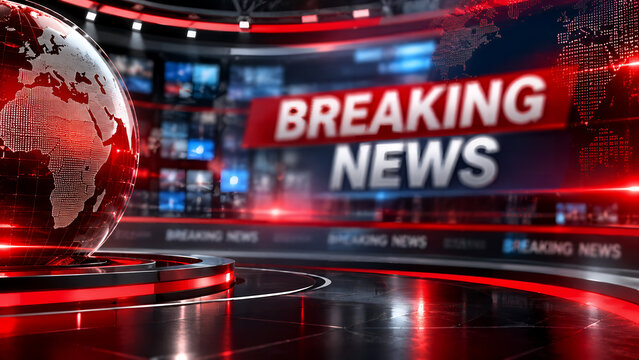 Breaking News Studio: A futuristic news studio with a globe and 'BREAKING NEWS' graphics creates a sense of urgency and global importance, ideal for broadcasting current events.