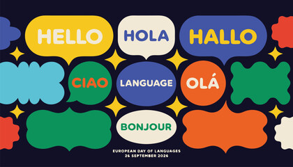 Colorful speech bubbles featuring international greetings on dark blue background © Vectyx