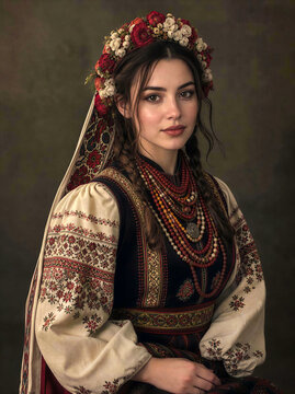 traditional Eastern European or woman in Ukrainian-style folk attire, featuring an embroidered linen blouse, layered red coral-style bead necklaces, and a detailed floral headdress