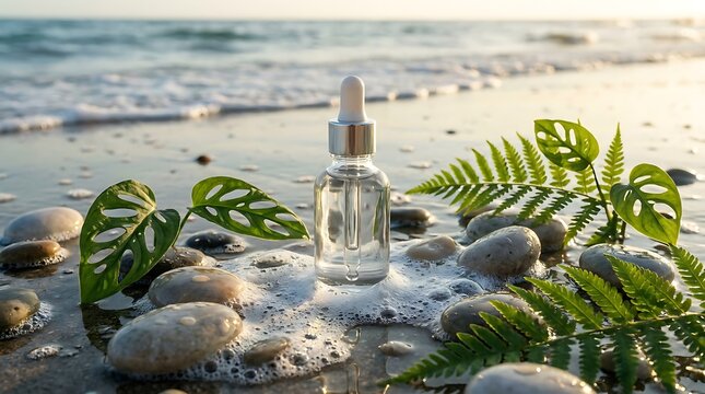 Glass dropper bottle with serum oil placed on wet black stones with green tropical leaves in nature. beachy skin care