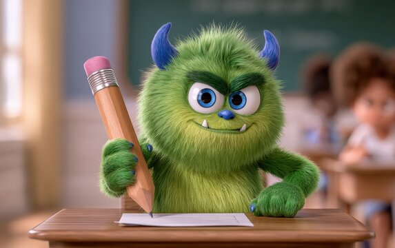 Angry Green Monster Character Sitting at Desk with Pencil and Paper