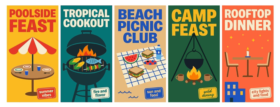 Summer outdoor dining and feast vector banners collection featuring picnic bbq camping and rooftop dinner themes for social gatherings and travel lifestyle graphic design projects