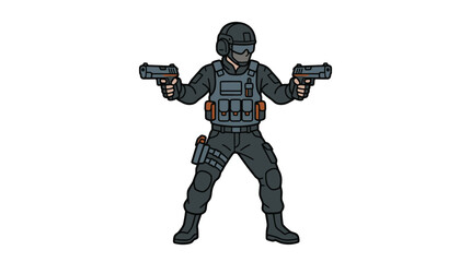 Fototapeta premium Tactical Soldier Character Holding Two Handguns.