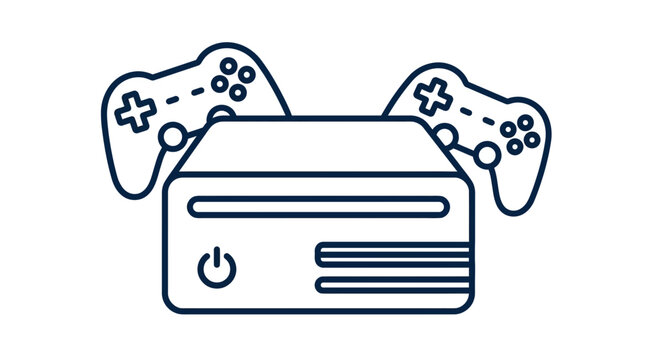 Video game console and two controllers outline icon.