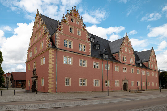 Wolfenbuttel, Germany - July 3, 2026: The historic Zeughaus armory presents its symmetrical Renaissance facade across Schlossplatz in Wolfenbuttel.