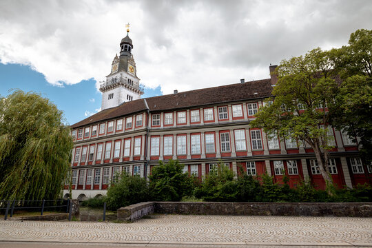 Wolfenbuttel, Germany - July 3, 2026: Schloss Wolfenbuttel and its Hausmannsturm dominate the broad Schlossplatz in the historic centre of Wolfenbuttel.