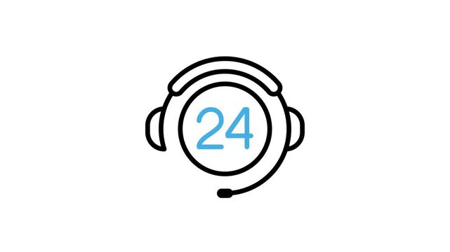 Animated 24 Hours customer service and support icon for assistance, operator, help desk, call center, contact, guidance, info, message, question, faq. Motion graphics with alpha channel