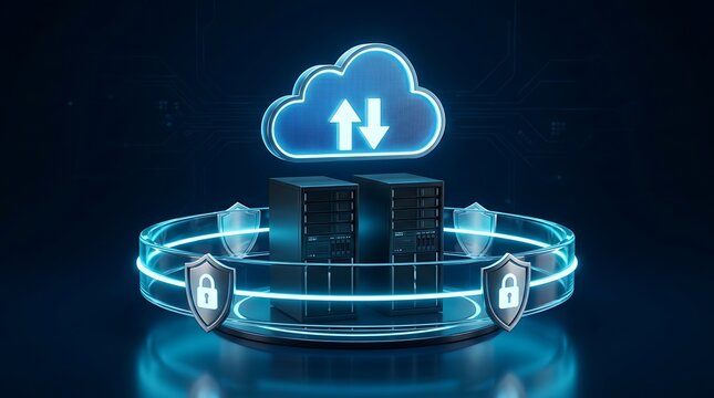 Secure cloud computing system with two servers protected by glowing shields and neon blue light, representing data safety and technology.