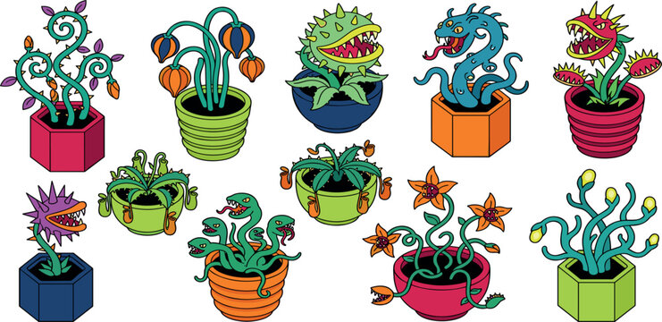 Cartoon monster plants and carnivorous predatory flowers set in colorful pots vector illustration
