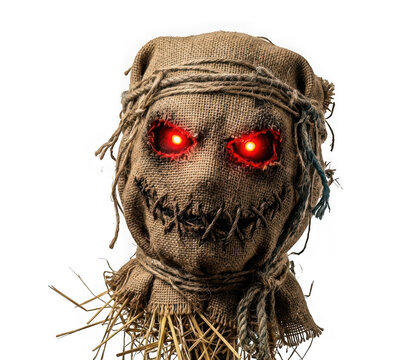 Spooky scarecrow head made of burlap with glowing red eyes and stitched mouth, isolated on transparent background