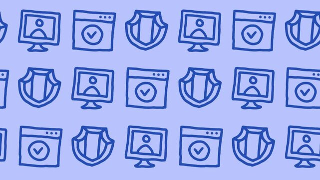 Seamless pattern of hand-drawn computer security icons, protected web browser with checkmark, defense shield, and user monitor background animation for cybersecurity and privacy protection wallpaper.