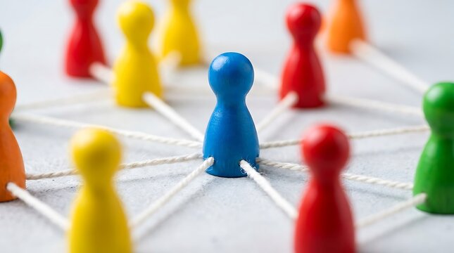 Close up of colorful wooden pawn figures connected by white strings in a central network pattern showing connectivity.