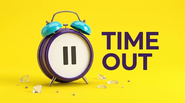 Alarm clock with a pause symbol on its face next to time out text on a yellow background
