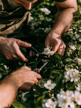 Hand pruning green plant with orange gardening shears