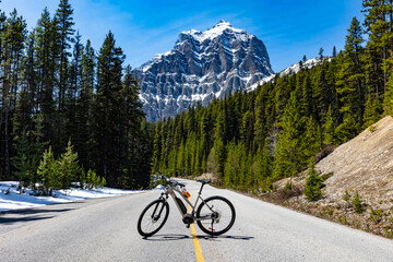 Obraz premium Electric mountain bike standing on a scenic road surrounded by evergreen forest and dramatic snow-covered peaks in the Canadian Rockies, Canada.