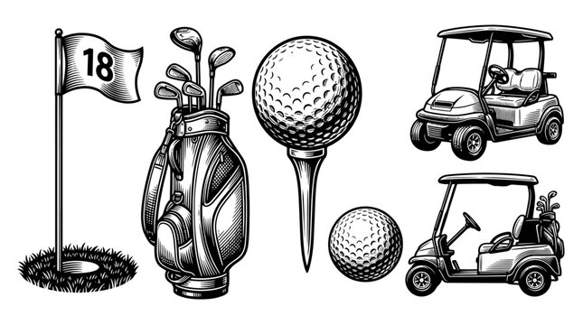 Golf equipment illustration featuring clubs bag golf ball and carts transparent background