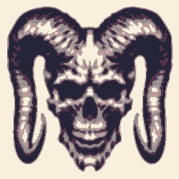 Stylized skull with ram horns in pixelated art, showcasing sharp details.