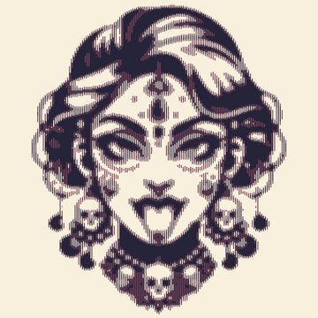 Pixel art illustration of a woman with ornate facial markings and jewelry