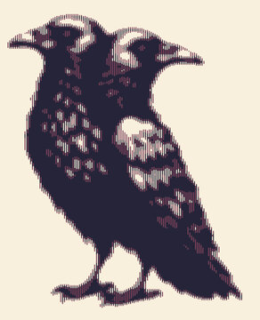 Two stylized birds rendered in a pixel art technique with geometric patterns