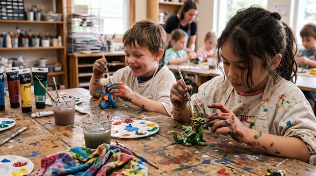 Joyful kids with messy hands painting dragon figurines using acrylics in a bright school art studio