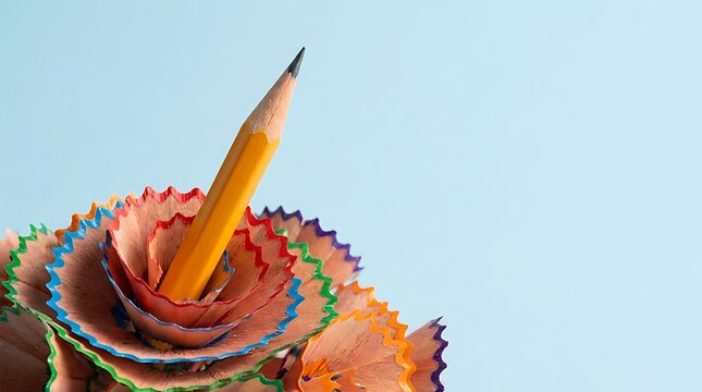 A sharpened pencil emerging from colorful shavings representing a unique and creative concept for artistic inspiration