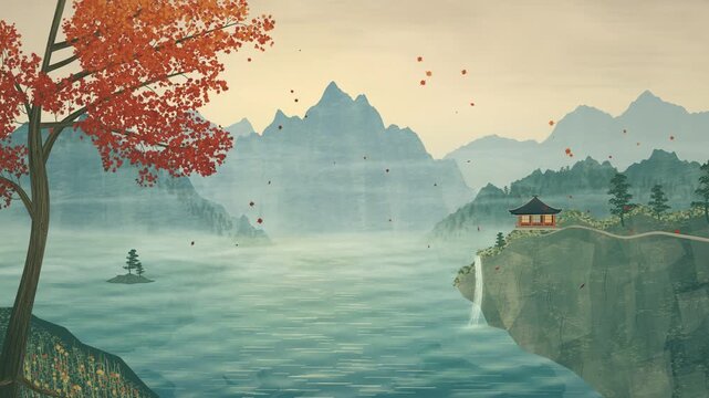 Autumn maple leaves swaying above a misty mountain lake with a small Japanese pavilion and flowing waterfall, painterly seamless landscape loop