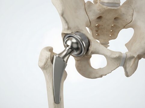3d illustration of a human hip joint replacement with a prosthetic implant, showing the metal femoral stem and acetabular cup integrated into the pelvic bone