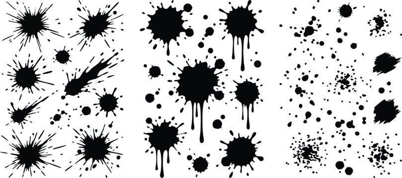 A collection of various black ink splatters and paint drips isolated on a white background for creative graphic design projects