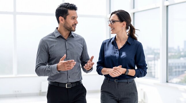 Two business colleagues talking and discussing professional matters in a modern office with woman business attire