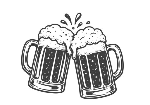 Two beer mugs clinking together in a hand drawn vector illustration style
