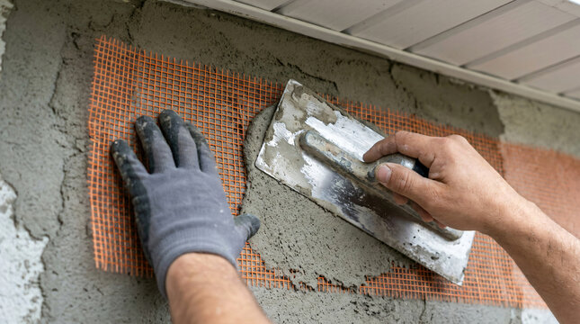 Applying base coat mortar over fiberglass mesh | Exterior wall insulation and finishing system EIFS | Professional mason plastering house facade | Reinforcing wall with orange mesh and cement