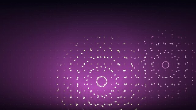 Abstract purple background featuring glowing particle patterns and geometric shapes.